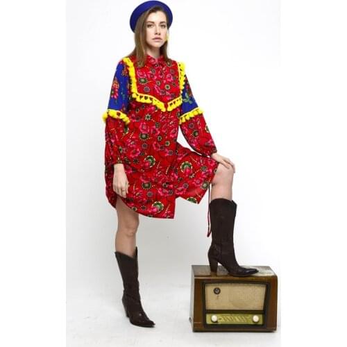 Shirt Collar Tasseled Flower Pattern Dress Boho Ethnic Clothing For Women With Plus Size Options 2021 New Fashion