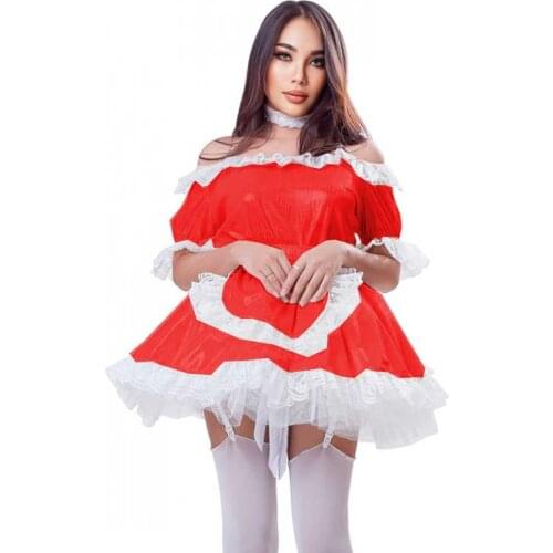 Women Dress Half Sleeve Off Shoulder Mini Dress for Women Lace Sissy Dress with Apron French Maid Outfit Plus Size 7XL