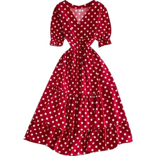 2021 New Summer French Vestidos Female Temperament V-neck Puff Sleeves Breasted Slim Sweet Polka-dot Holiday Midi Dress DK701