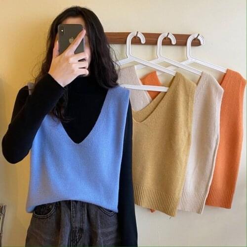 Vest Sweater Women Autumn Winter New V-neck Sleeveless Tank Knitted Top Female Solid Color Casual Loose Pullver Outwear Street
