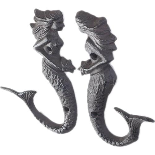 2pcs/set Mermaid Iron Wall Hooks Hanger Antique Heavy Metal Hanging Coats/Keys/Hats/Bags Home Decor Elegant Mysterious Unique