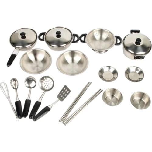 20 Pieces Kitchen Pretend Toys, Stainless Steel Pots & Pans Playset with