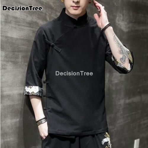 2021 chinese style hanfu t shirt mens full sleeve linen tee tops cotton loose blouse traditional tang suit kung fu blouse