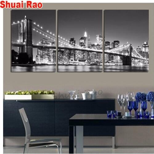Triptych diamond painting New york Bridge nightscape 3d cross stitch mosaic embroidery full round square,black white wall art