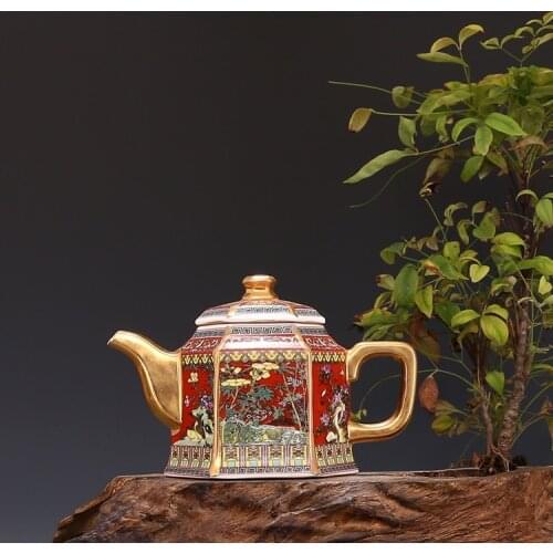 Jingdezhen Antique Qianlong Enamel Gold Teapot With Handle Hexagon Teapots With Flowers And Birds Pattern Ancient Porcelain