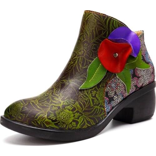 Printed Flower Women Winter Boots Shoes Printing Colorblock Woman Bohemian Vintage Plush Cloth Ankle Boots 4CM Square heel