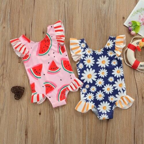 Breathable Little Girls 1 Piece Swimsuits Summer Children Cute Daisy/Watermelon Printing Fly Sleeve Lace Swimwear