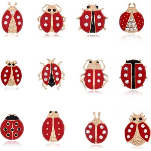 Enamel Small Ladybug Insect Brooch Pin Crystal Metal Women Fashion Jewelry Garment Accessory