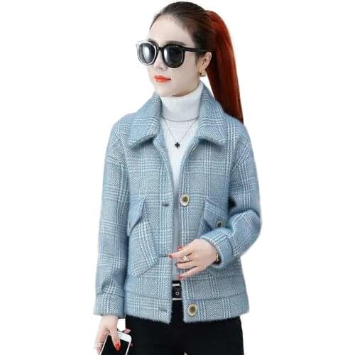 Plaid Mink Velvet Coat Womens 2021 Spring Autumn New Jacket Wild Small Fragrance Loose Top Single-Breasted Ladies Outwear A112