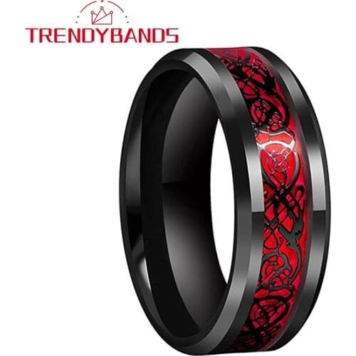 8MM Mens Womens Black Tungsten Carbide Ring Wedding Band Polished Shiny Red Opal Dragon Inlay Comfort Fit with Beveled Edges