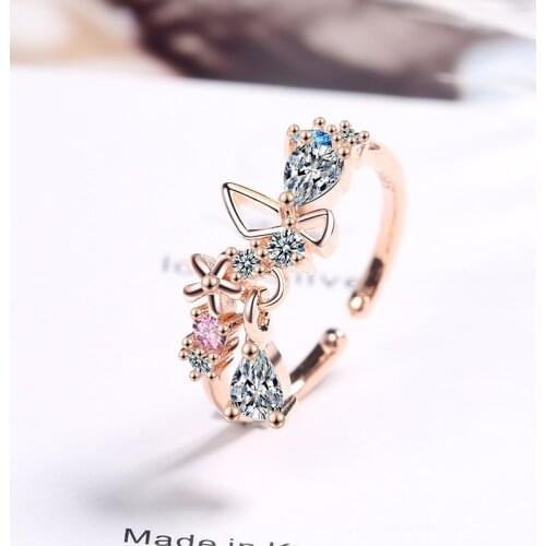 Girls Lovely Romantic Detailed Exquisite Finger Rings Butterfly Micro Crystal Flower Ring Band Opening Rings Jewelry Cute Gifts