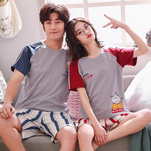 Summer Pyjamas Cotton Cartoon Womens Pajama Sets Couple Striped Sleepwear Mujer Pyjamas Nightwear Men Pajamas 3XL Home Clothing