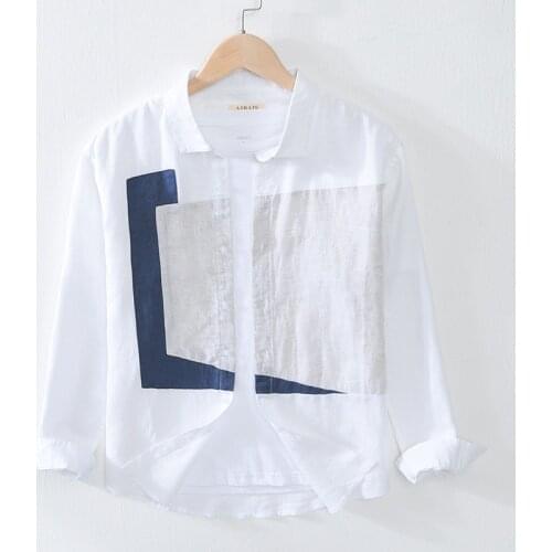 Men Fall Japan Style Turn Down Collar Long Sleeve Geometry Patchwork High Quality Pure Linen Stylish Male Casual Shirts