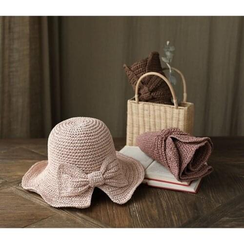 2021 Parent-child 100%Raffia Bow Sun Hat Wide Brim Floppy Summer Hats For Women Beach Panama Straw Dome Bucket Hat Shade Hat