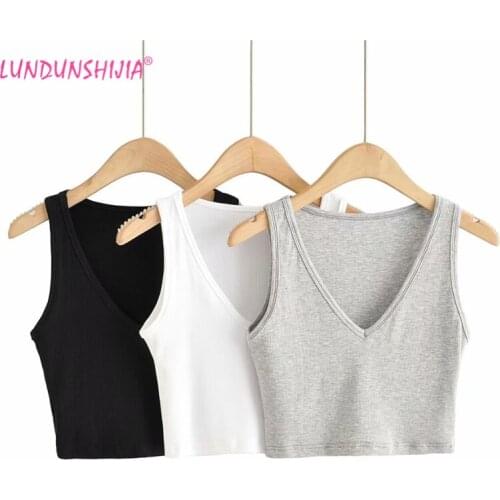LUNDUNSHIJIA 2021 New Summer Big V-neck Crop Tops For Women Soild Sleeveless Sexy Ribbed Cotton Tank Top
