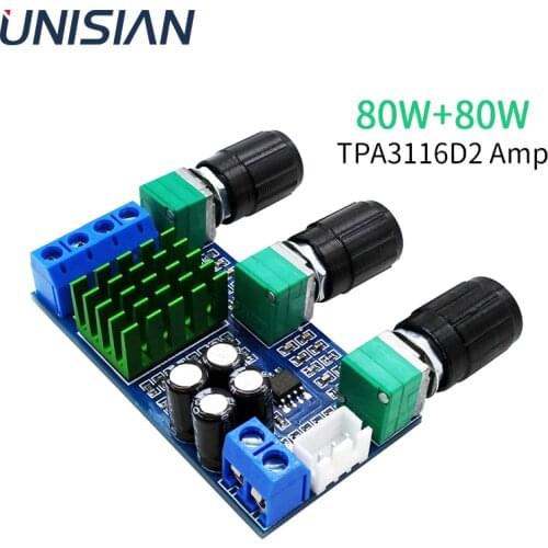 UNISIAN TPA3116D2 Audio Power Amplifiers 80W*2 TPA3116 2.0 Channel HIFI Digital Amplifier Bass Treble Volume Tone Control Board