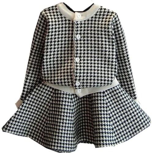 2020 baby girl spring and autumn knit suit children long-sleeved thousand bird print sweater cardigan two-piece