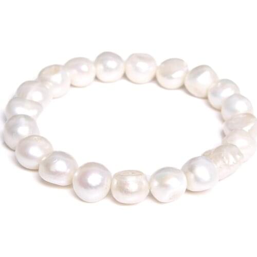 White 10-11MM Real Genuine Natural Pearls Bangle Baroque Freshwater Pearl Elastic Beaded Bracelet Chain for Women Jewelry Gifts
