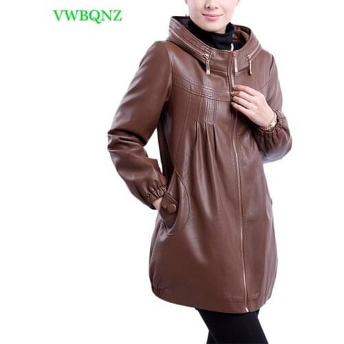 Plus size Women Motorcycle Leather Jacket Autumn Winter Long Casual PU Leather Jacket Womens Add Cotton Hooded Overcoat 6XL A223