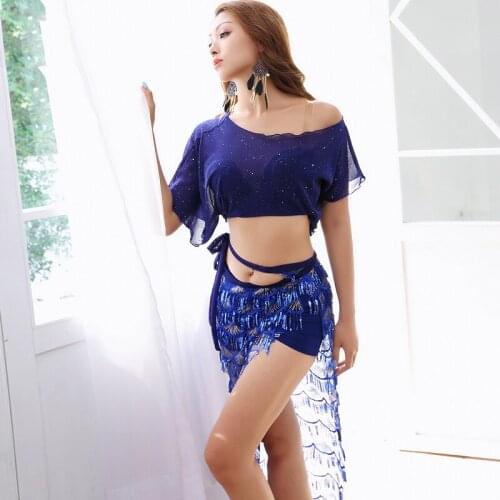 2019 New High Quality Belly Dance Clothing Female Practice WomenS Oriental Dance Costume Sexy Sequins Tops Skirt 2 Pcs DL3855