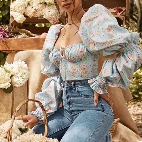Hirigin Puff Sleeve Floral Blouse Vintage Women Tie-up Square Collar Ruched Chest Wrap Crop Tops Fashion Chic Backless Pullovers