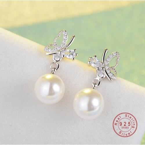 Classic silver Crystal Earrings Pearl Cubic Zircon butterfly Earrings for Women Wedding Jewelry Crystal Earring