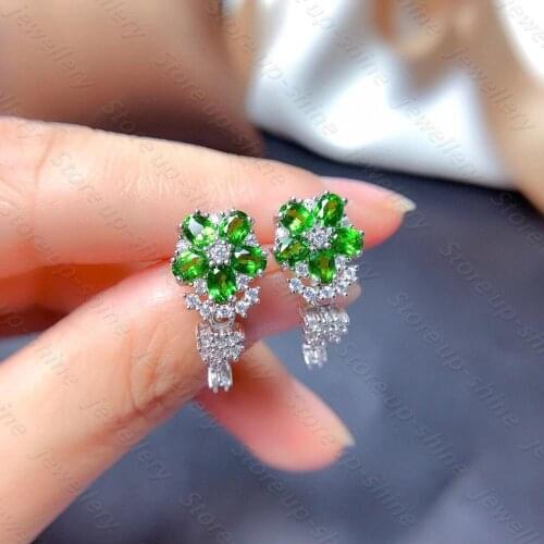 Natural Diopside 925 Silver Women’s Earrings, Gold Electroplating, Luxurious Atmosphere