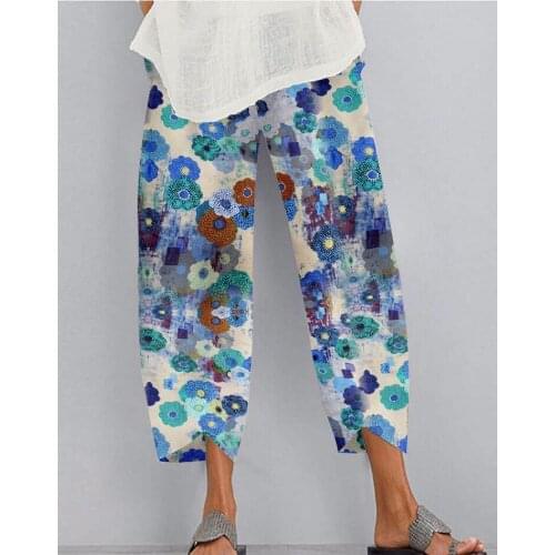 2021 Women Printing Trousers Wide Leg Pants Casual Elastic Waist Pockets Floral Pants Femme Robe Pantalon