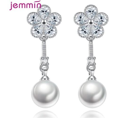 White Pearls Eardrop 925 Sterling Silver Hanging Drop Earrings For Women Bridal Wedding Cubic Zircon Tassel Jewelry