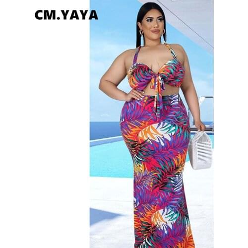 CM.YAYA Women Plus Size Two Piece Set Print Halter Sleeveless Backless Bra+long Slim Skirts Sexy Beach Dress Suit New 2021
