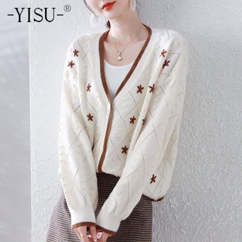 YISU Autumn Winter Women Sweater Cardigan V-Neck Tops Knitted Cardigan Casual Fashion Single breasted Sweater Cardigan