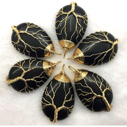 Gold Color Wire Wrap Handmade Tree of Life Drop Shape Natural Obsidian Stone Pendants