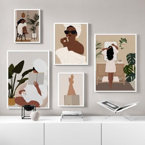 Boho Minimalist Abstract Girl Makeup Reading Wall Art Print Canvas Painting Nordic Poster Wall Pictures For Living Room Decor