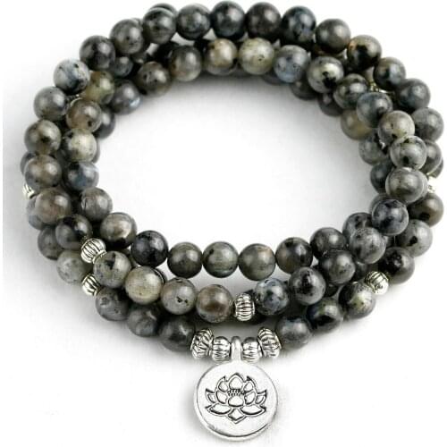Natural Black Labradorite Flash Stone Bedas Bracelet Men Women 6MM Buddhist Prayer Mala 108 Necklace Lotus Charm Yoga Jewelry