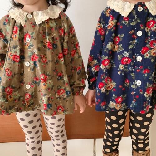 Children Wear 2021 Autumn New Girls' Cute Doll Collar Vintage Print Children Cotton Long Sleeve Casual Korean Top Kids Clothing