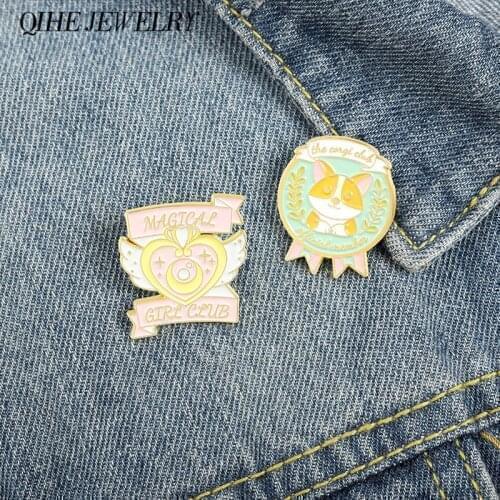 Corgi Enamel Pins Heart Moon Wing Magical Girl Wand Badges Brooches for Women Kids Children Dog Puppy Lover Gifts