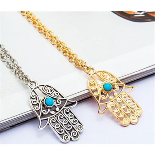 RONGQING Hollow Evil Eye Hamsa Hand Pendant Necklace Fatima Lucky Hand Maxi Necklace For Women