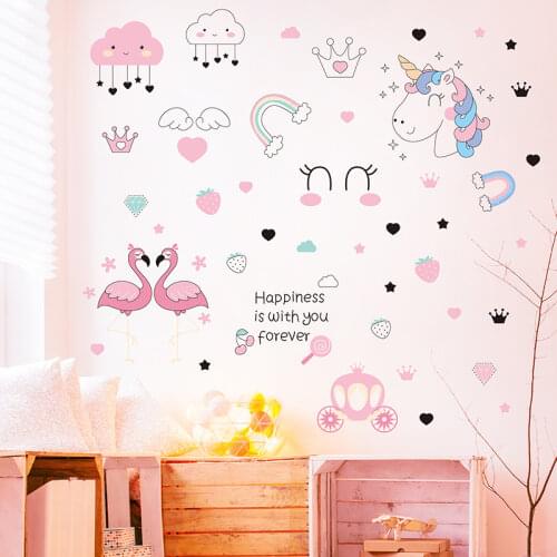 Cartoon Unicorn Flamingos Wall Stickers Vinyl DIY Animal Wall Decals for Kids Room Baby Bedroom Nursery Home Decoration