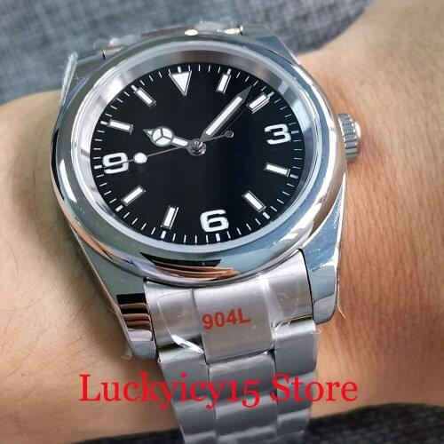 BLIGER 36mm NH35A Selfwinding Men Watch Polished Bezel Brushed Oyster Strap Glass Back Green Luminous Marks Sapphire Crystal