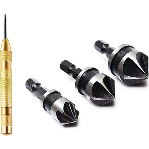 Countersink Drill Bit Set 3 PCS 1/4inch Hex Shank Countersink Drill Bit Set for Wood with Automated Center Punch
