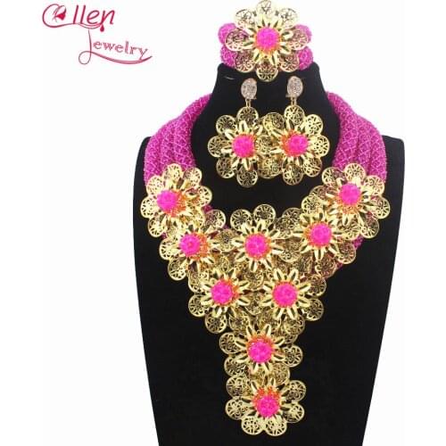 2019 Luxury African beads jewelry sets india nigerian flower beads beaded wedding bridal necklace dubai jewelry sets W13740