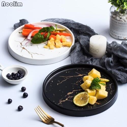 NOOLIM 8 Inch Nordic Creative Matte Marbled Black Ceramic Pasta Dish Pizza Tray Western Steak Plate Tableware Accessories