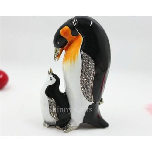 Pewter Penguin Mom & Son Jewelry Trinket Small Box Penguin Shape Decorative Gift Box with Lids Same As Jewelry Trinket Box
