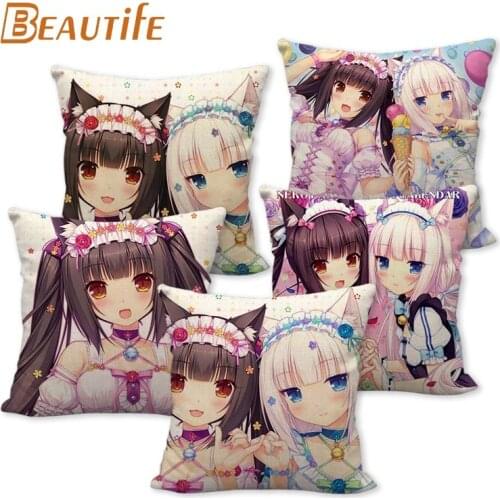 Custom NEKOPARA Pillowcase Cartoon Girl Wedding Decorative Cotton Linen Pillow Case For Home Pillow Cover 45X45cm One Side