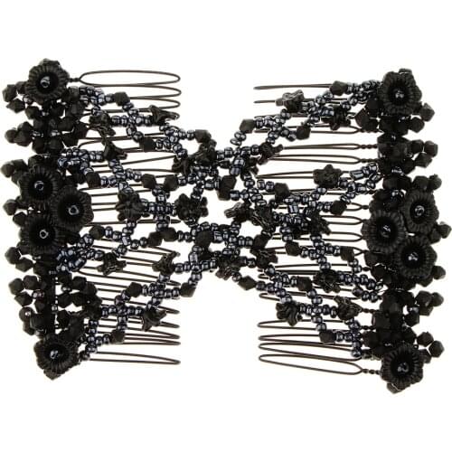 Stretch Magic Combs Beaded Hairpin Bow Hair Head Comb Cuff Double Clip Black