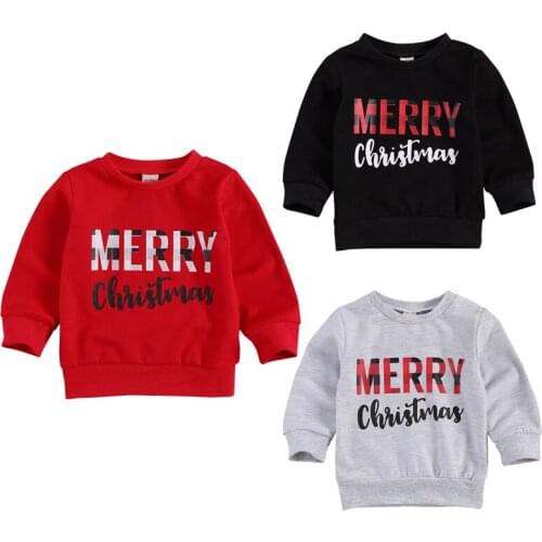 6M-4Years Christmas Toddler Baby Boy Girl Sweatshirt Tops Long Sleeve Letter Plaid Print Pullover Sweatshirt Xmas Clothes