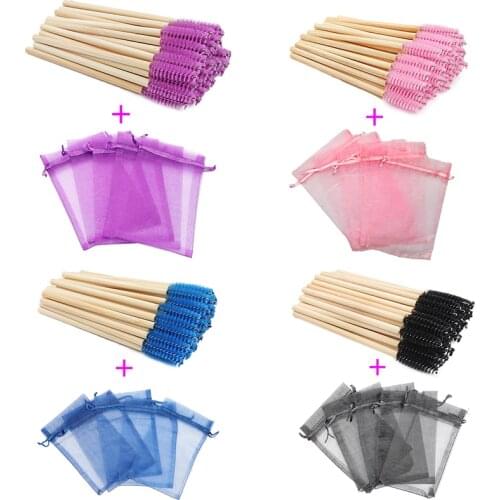 100 Sets Drawstring Organza Bag Pouch for Disposable Bamboo Eyelash Brush Eyelash Extension Mascara Applicator Makeup Tools