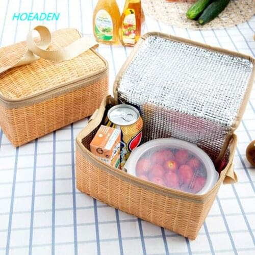Straw Woven Waterproof Insulated Thermal Bento Bag Insulated Lunch Tote Bag for Travel Picnic Women Lunch Box Natural Pastoral