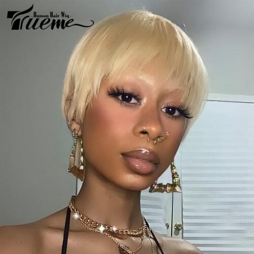 Trueme Short Pixie Cut Human Hair Wigs Brazilian Straight Ombre Blonde 613 Wig For Women Colored Black Brown Cheap Full Wig