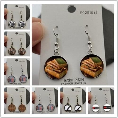 Vintage book pattern glass convex pendant library bookcase earrings, a gift for girls and ladies who like to read